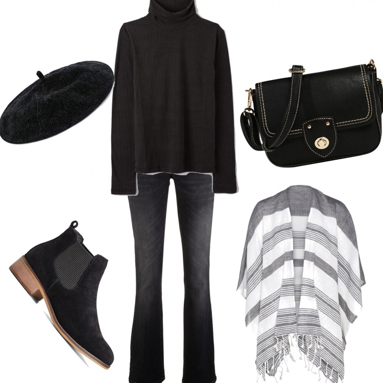 Outfit donna - Basic #48968. Stile Basic Abbinamento con jeans bootcut, cappotti, stivaletti chelsea, t-shirt, borse a tracolla, berretti.