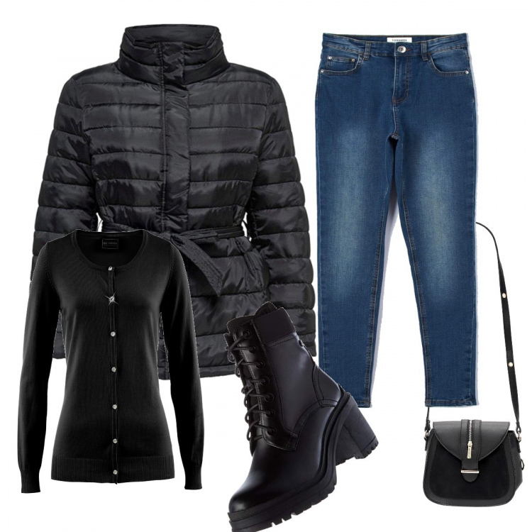 Outfit donna - Total look #828083. Abbinamento con cardigans, borse a tracolla, jeans skinny, piumini, stivaletti.