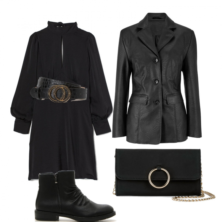Outfit donna - Il vestitino nero. Stile Rock per Tutti i giorni. Abbinamento con blazer, pochette, vestiti lunghi, cinture, stivaletti.