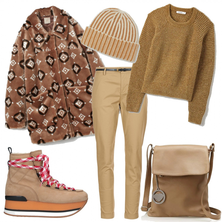 Outfit donna - Comoda in beige. Stile Urban per Tutti i giorni. Abbinamento con stivaletti, pullovers, pantaloni chino, borse a spalla, blazer, berretti.