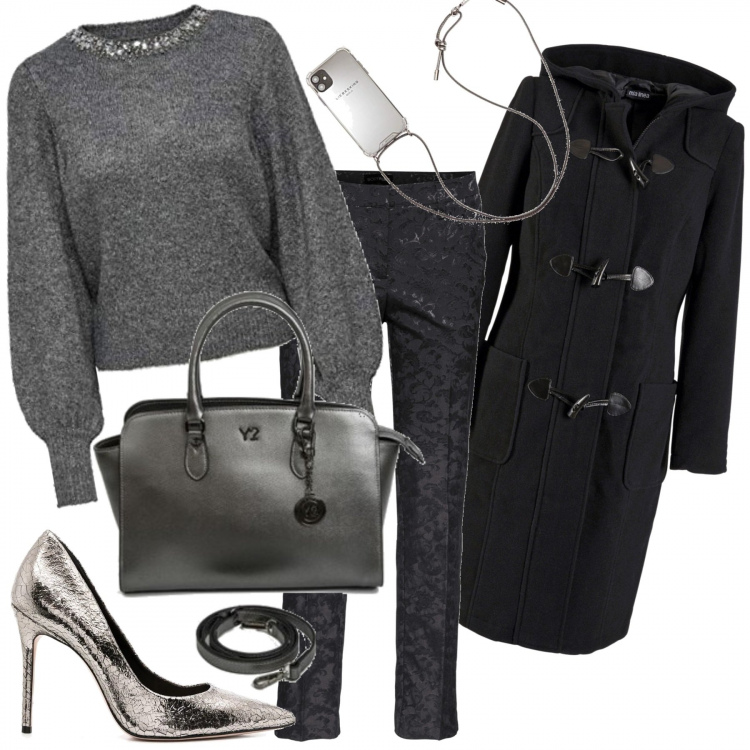 Outfit donna - In città per regali. Stile Trendy per Tutti i giorni. Abbinamento con montgomery, pantaloni, borse a mano, décolleté, pullovers, custodie per telefono.
