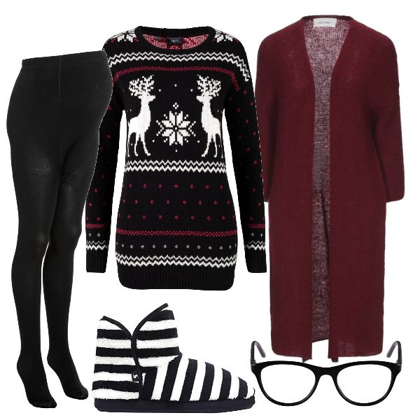 Outfit donna - Homewear regali di Natale. Stile Basic per Tutti i giorni. look ideale per Premaman. Abbinamento con collant, maglieria, cardigans, pantofole, occhiali.
