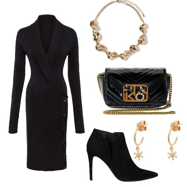 Outfit donna - Curvy Christmas in total black. Stile Chic per Serata fuori. Abbinamento con stivaletti, orecchini, vestiti, clutch, collane.