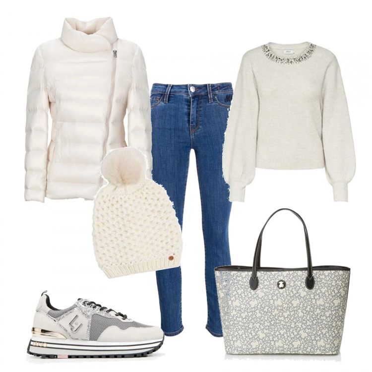Outfit donna - Bianco che passione. Stile Urban per Ufficio. Abbinamento con piumini, sneakers, jeans skinny, pullovers, borse tote, berretti.