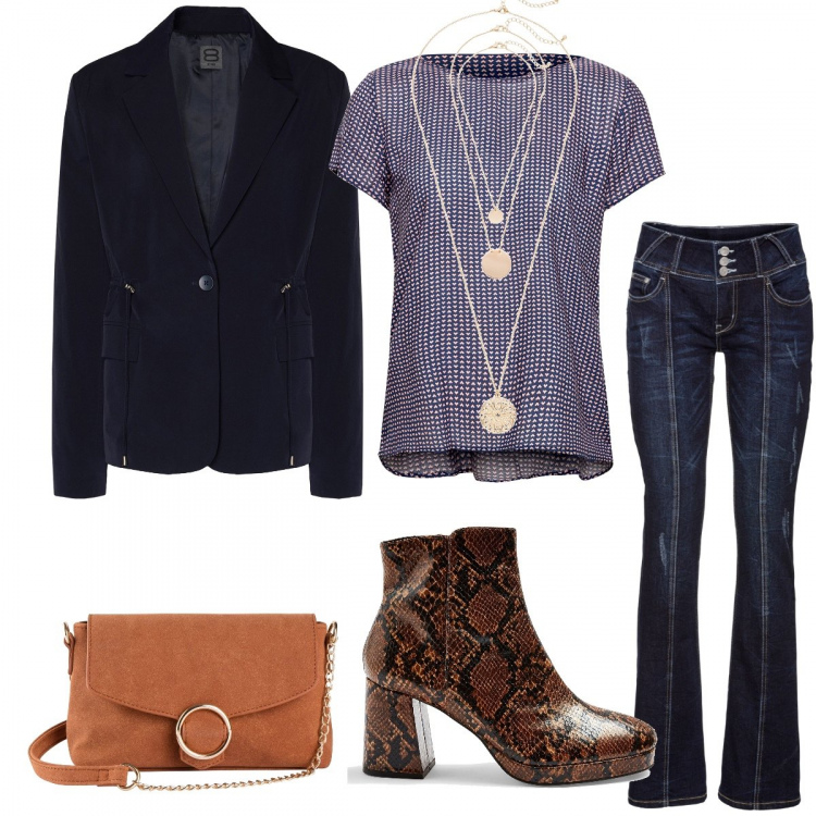 Outfit donna - Trendy #88615. Stile Trendy per Tutti i giorni. Abbinamento con jeans bootcut, ciondoli, maglieria, stivaletti, blazer, camicie.