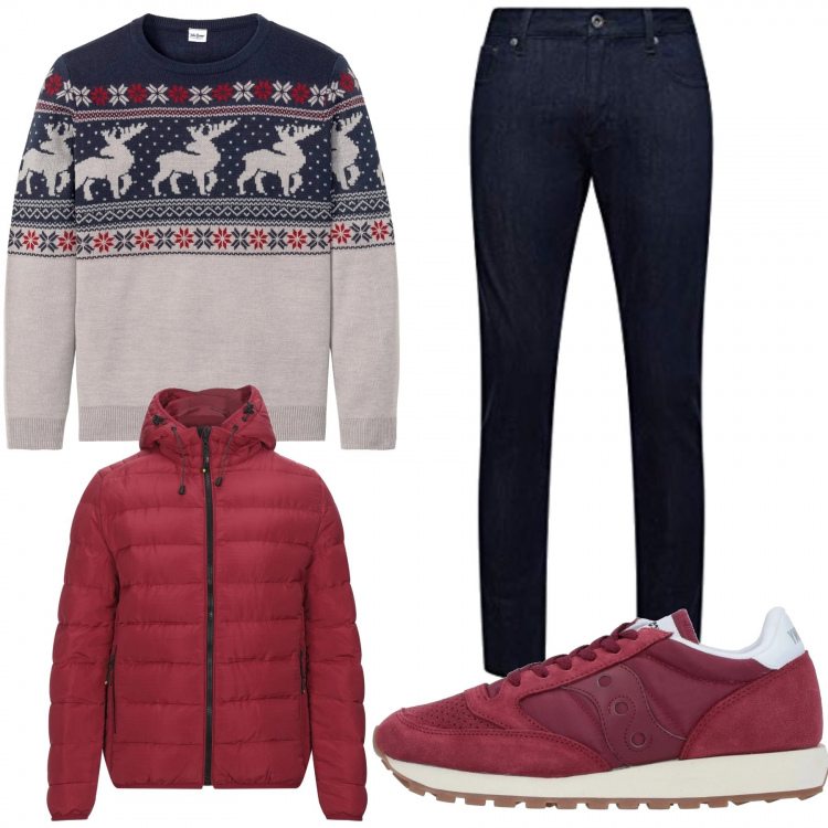 Outfit uomo - Buon natale. Stile Trendy per Tutti i giorni. Abbinamento con maglieria, piumini, sneakers, jeans.