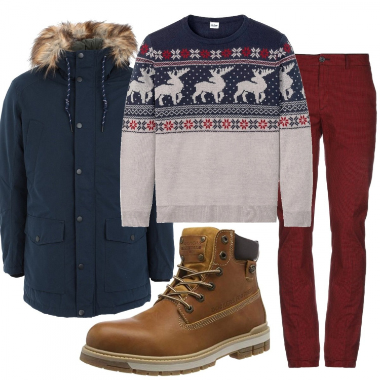 Outfit uomo - Vacanze in montagna. Stile Casual per Tutti i giorni. Abbinamento con maglieria, pantaloni, cappotti, stivali.