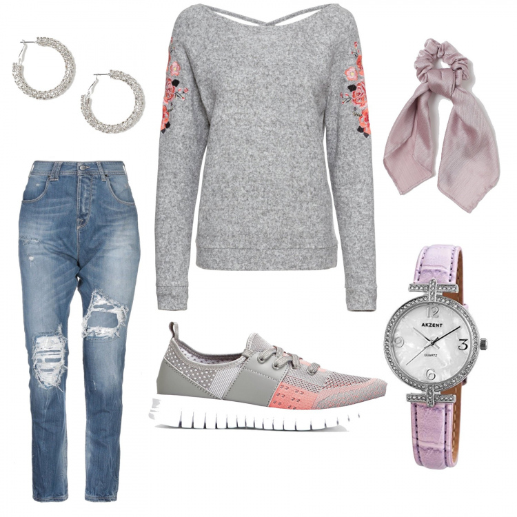 Outfit femme - Relax un dimanche à la maison. Style Basique pour Tous les jours. Assortir avec pulls, sneakers, jean déchiré, montres, foulards, boucles d'oreilles.