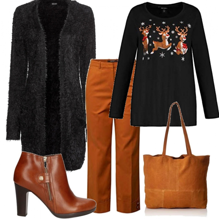 Outfit donna - Feste natalizie. Stile Trendy per Serata fuori. Abbinamento con cardigans, stivaletti, t-shirt, pantaloni, shopping bag.