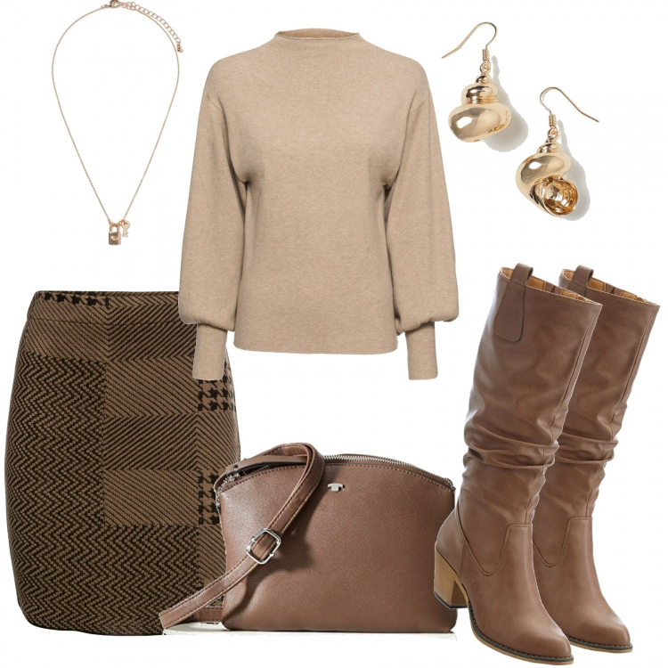 Outfit donna - Gonna e stivali. Stile Trendy per Ufficio. Abbinamento con maglieria, minigonne, stivali, borse a spalla, orecchini, collane.