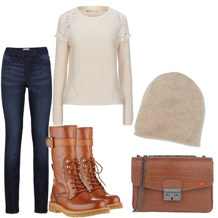 Outfit donna - Pomeriggio in giardino in relax. Stile Basic per Tutti i giorni. Abbinamento con jeggings, pullovers, borse a tracolla, stivali, berretti.