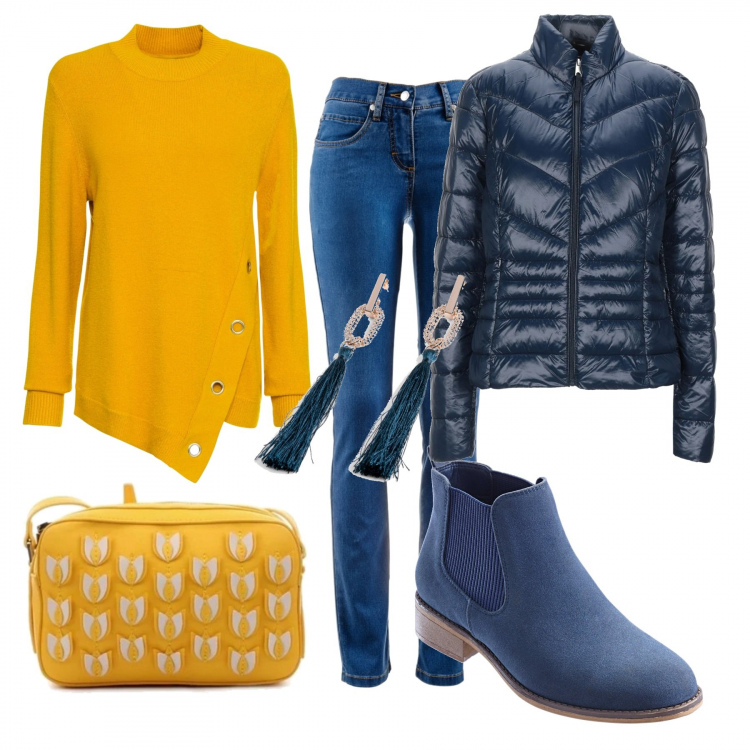Outfit donna - Trendy #88677. Stile Trendy per Tutti i giorni. Abbinamento con jeans dritti, maglioni, stivaletti chelsea, orecchini, piumini, borse a tracolla.