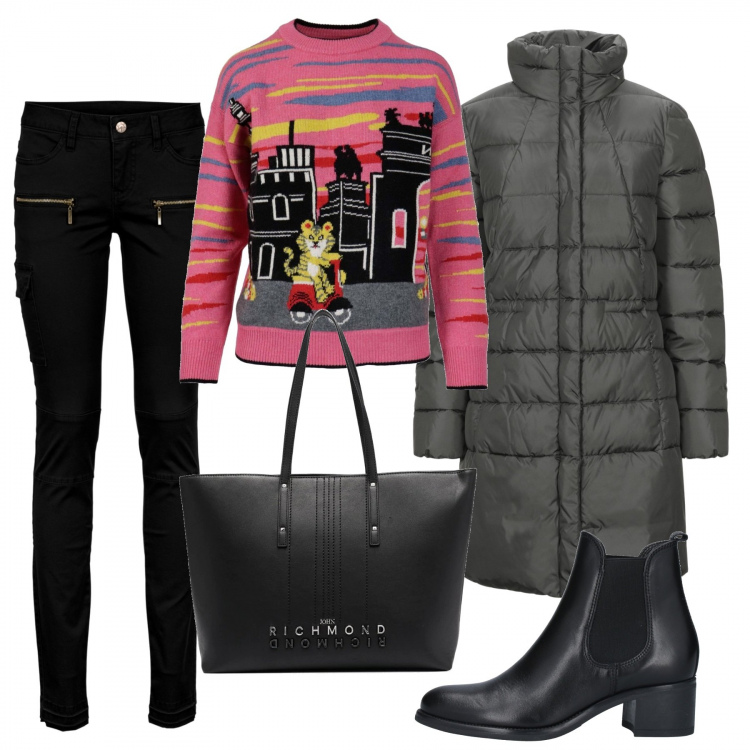 Outfit donna - Giornata fredda. per Scuola/Università. Abbinamento con pantaloni cargo, stivaletti, piumini, borse tote, pullovers.