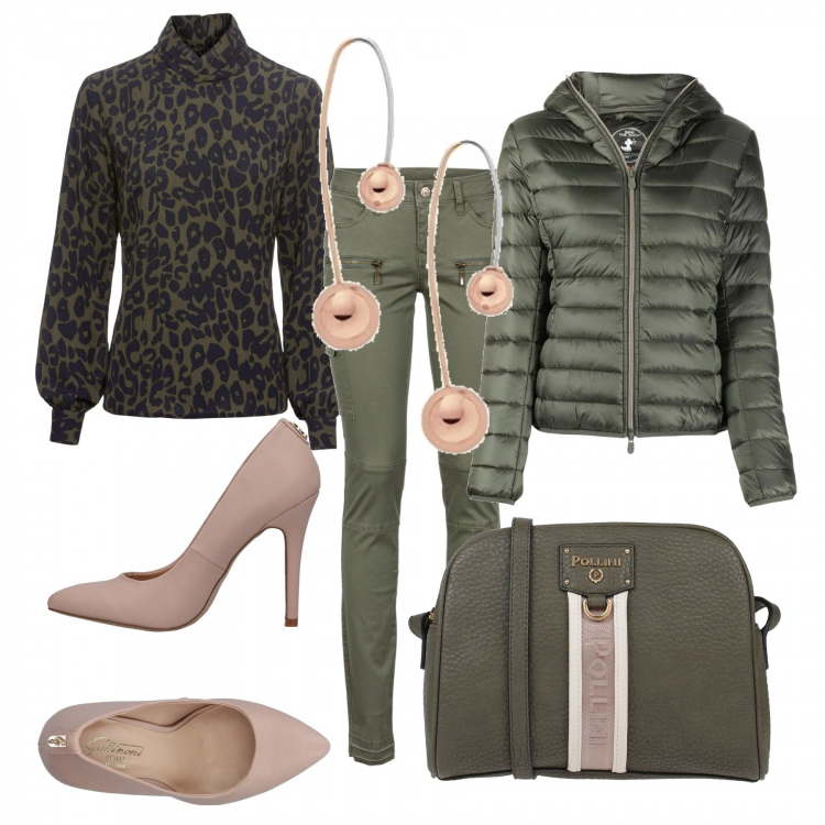 Outfit donna - Trendy #88683. Stile Trendy per Serata fuori. Abbinamento con pantaloni cargo, bluse, borse a tracolla, décolleté, piumini, orecchini.