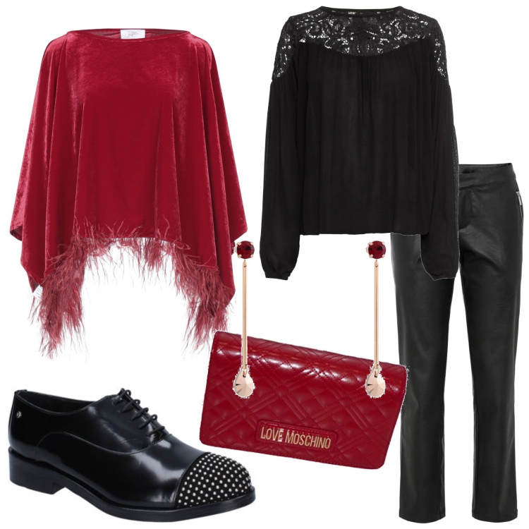 Outfit donna - Curvy in Red. Stile Trendy per Serata fuori. Abbinamento con tuniche, pantaloni, cappe, orecchini, scarpe stringate, pochette.
