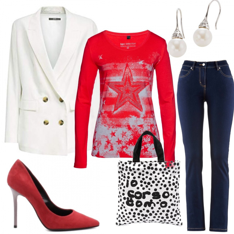 Outfit donna - Urban #32881. Stile Urban per Tutti i giorni. Abbinamento con jeans dritti, maglieria, orecchini, décolleté, borse tote, blazer.