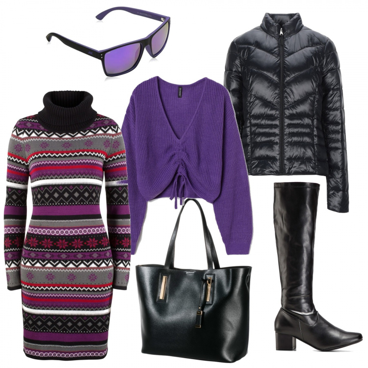 Outfit donna - Sono.. come sono.... Stile Trendy per Ufficio. Abbinamento con stivali, vestiti, shopping bag, piumini, pullovers, occhiali da sole.