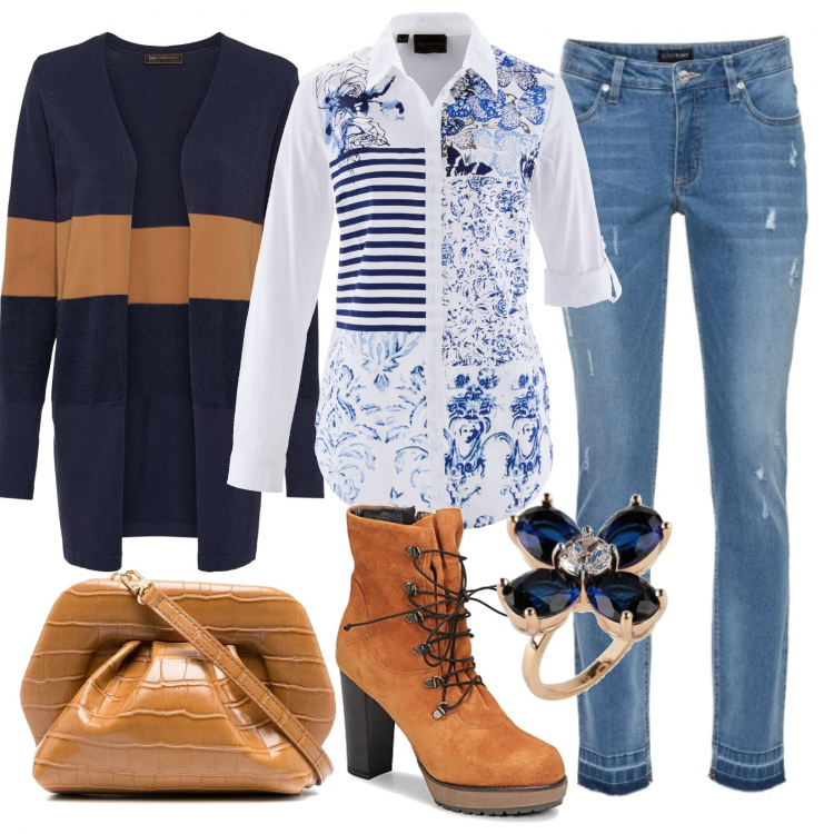 Outfit donna - Lo stile di Elisa - camicetta e cardigan. Stile Trendy per Tutti i giorni. Abbinamento con cardigans, camicie, jeans skinny, anelli, stivaletti, clutch.