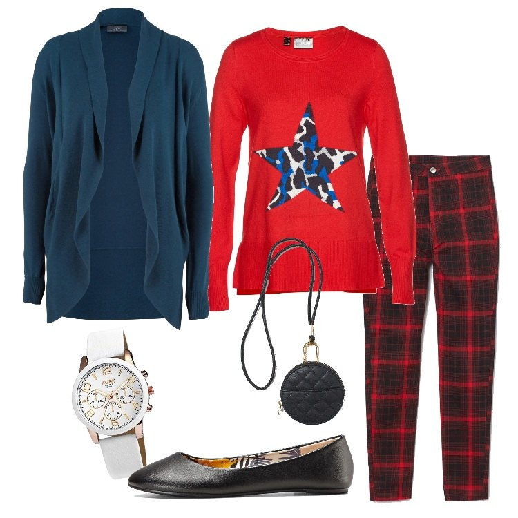 Outfit donna - Comodo smartworking. Stile Basic per Tutti i giorni. Abbinamento con cardigans, ballerine, maglioni, pantaloni, orologi analogici, portafogli.