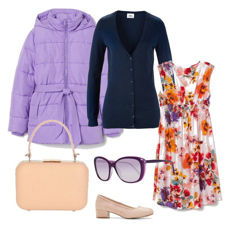 Outfit donna - Trendy #88842. Stile Trendy per Tutti i giorni. Abbinamento con décolleté, cardigans, borse a mano, piumini, occhiali da sole, vestiti corti.