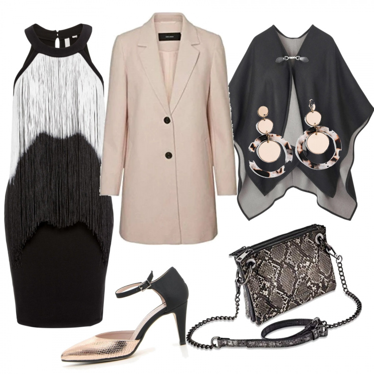 Outfit donna - Ho voglia di ballare. Stile Trendy per Serata fuori. Abbinamento con borse a secchiello, orecchini, cappotti, blazer, borse a mano, décolleté.