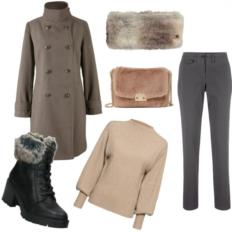 Outfit donna - Dettagli peluches. Stile Urban per Tutti i giorni. Abbinamento con maglieria, pantaloni chino, cappotti, stivaletti, borse a mano, ecopellicce.