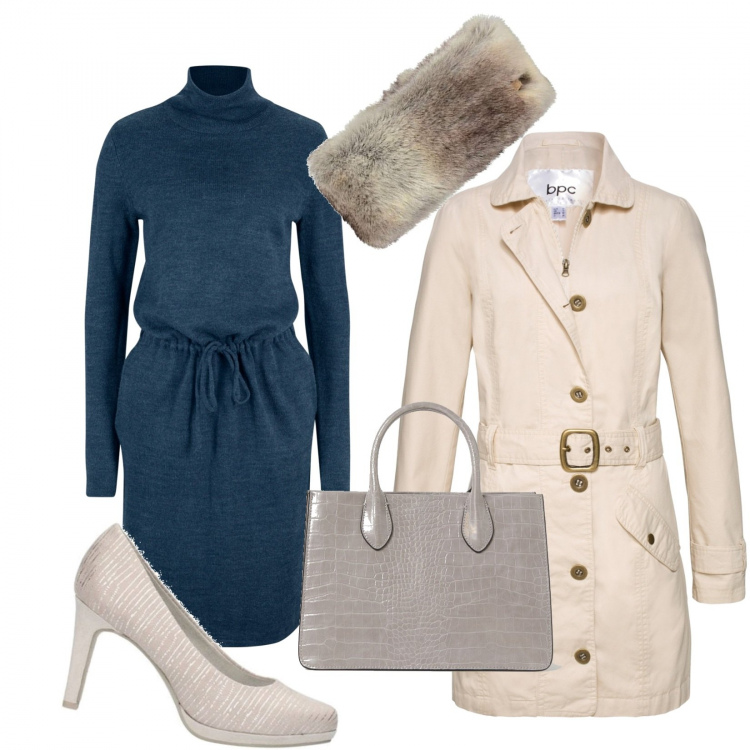 Outfit donna - Il vestitino di lana blu petrolio. Stile Chic per Tutti i giorni. Abbinamento con vestiti, trench, décolleté, ecopellicce, borse a mano.