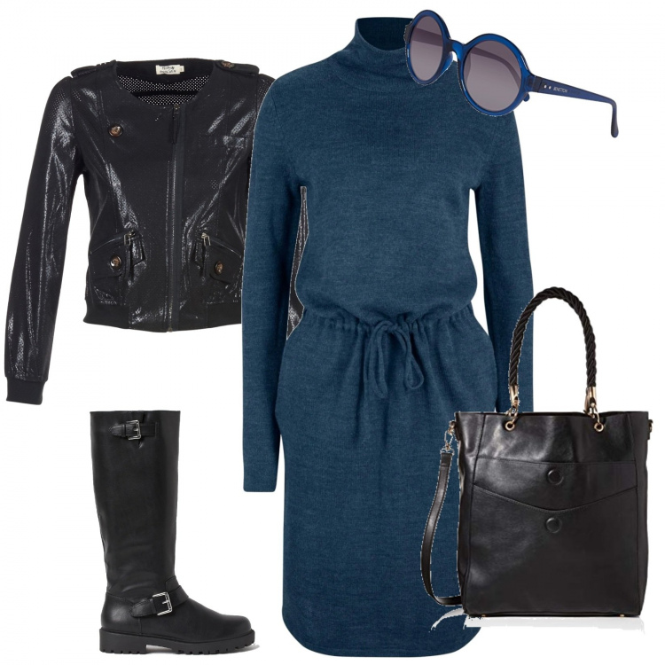 Outfit donna - Il vestito di lana. Stile Urban per Tutti i giorni. Abbinamento con vestiti, blazer, shopping bag, stivali, occhiali da sole.