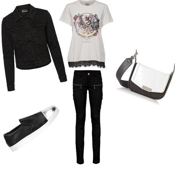 Outfit donna - Passeggiata con le amiche. Stile Urban per Tutti i giorni. Abbinamento con pantaloni cargo, shorts in denim, slip contrasto interno in tessuto in pelle sintetica.