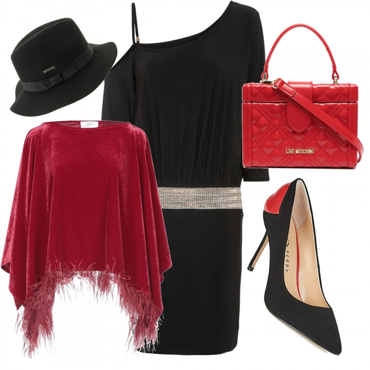 Outfit donna - Natale in armonia. Stile Chic Abbinamento con cappe, vestiti asimmetrici, décolleté, clutch, cappelli.