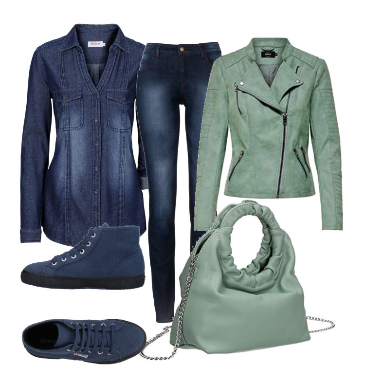 Outfit donna - Un po\' di verde sul jeans. Stile Basic per Tutti i giorni. Abbinamento con jeans skinny, camicie, sneakers alte, cappotti, pochette.