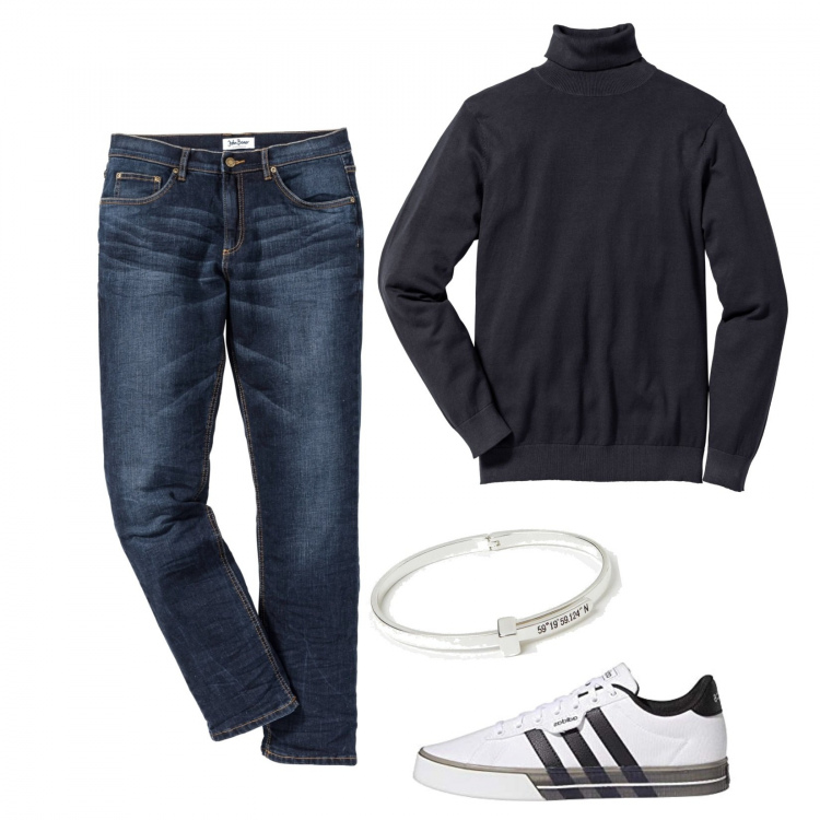 Outfit uomo - Jeans e sneakers. Stile Casual per Tutti i giorni. Abbinamento con jeans slim fit, maglioni, sneakers, braccialetti.