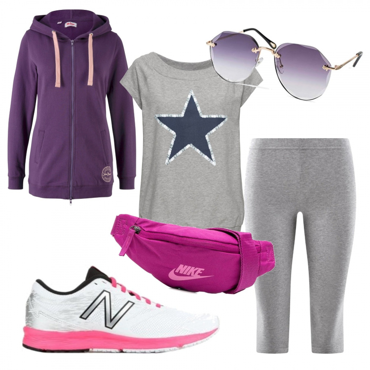 Outfit donna - E ora....sport!!. Stile Basic per Sport. Abbinamento con t-shirt, felpe con cappuccio, scarpe sportive, marsupi, occhiali da sole, leggings.