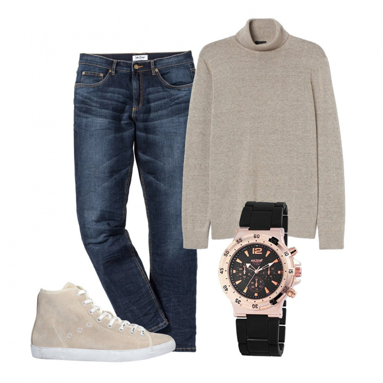 Outfit uomo - Con il collo alto. Stile Casual per Tutti i giorni. Abbinamento con jeans slim fit, sneakers alte, orologi, pullovers.