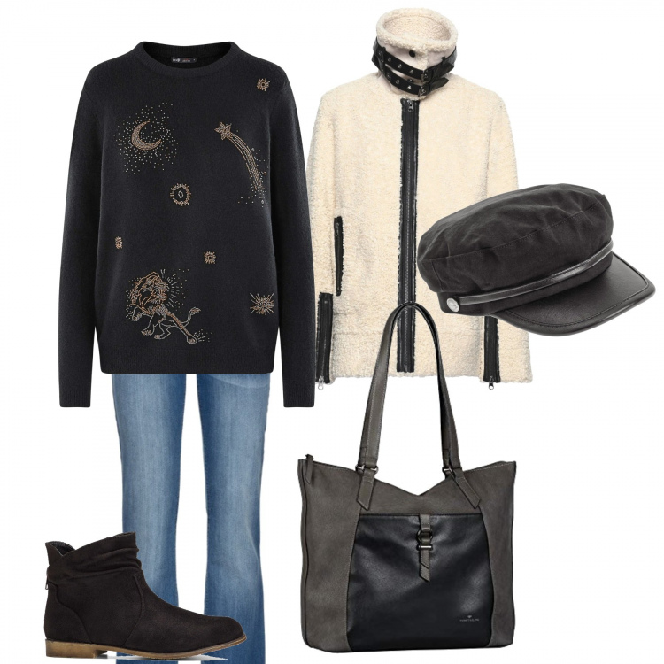Outfit donna - Per le vie del centro. Stile Urban per Tutti i giorni. Abbinamento con stivaletti, jeans bootcut, berretti, ecopellicce, maglioni, borse tote.