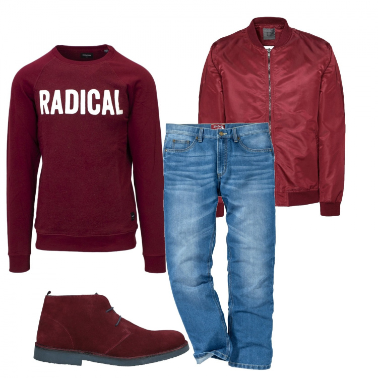 Outfit uomo - Radical in rosso. Stile Casual per Tutti i giorni. Abbinamento con jeans dritti, stivali e stivaletti, cappotti, felpe.