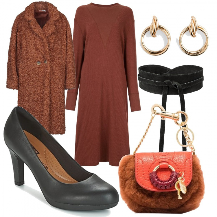 Outfit donna - Colori caldi a Natale. Stile Chic per Serata fuori. Abbinamento con cinture, orecchini, cappotti, décolleté, vestiti, clutch.