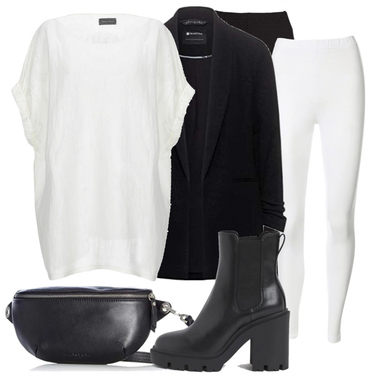 Outfit donna - Praticità minimal. Stile Basic per Tutti i giorni. Abbinamento con leggings, pullovers, stivaletti, blazer, borse a cartella.