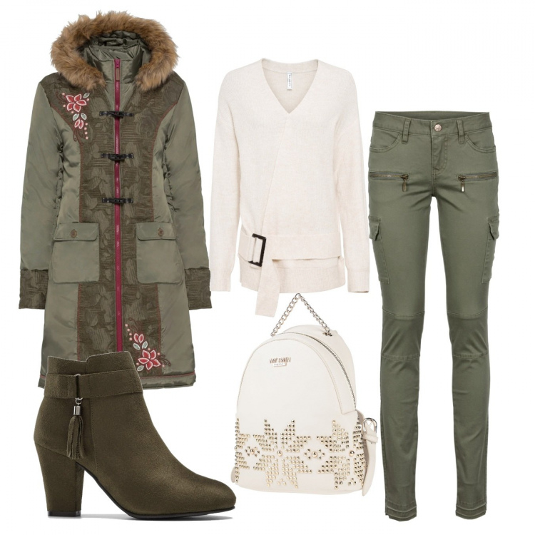 Outfit donna - Trendy #89045. Stile Trendy per Tutti i giorni. Abbinamento con pantaloni cargo, cappotti, maglioni, stivaletti, zaini.