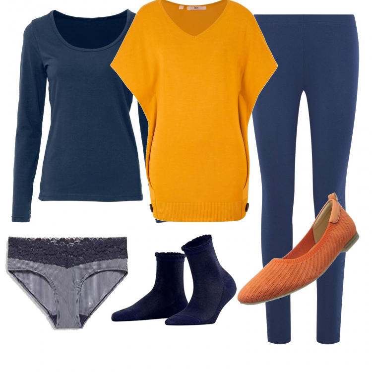 Outfit donna - A casa con Goku. Stile Basic per Tutti i giorni. Abbinamento con t-shirt sportive, maglioni, leggings, ballerine, shorts, calzini.