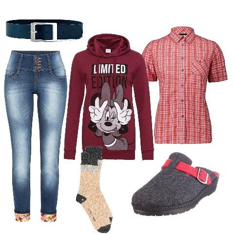 Outfit donna - Lavoro da casa. Stile Basic per Tutti i giorni. Abbinamento con cinture, felpe con cappuccio, jeans skinny, calzini, pantofole, camicie a manica corta.