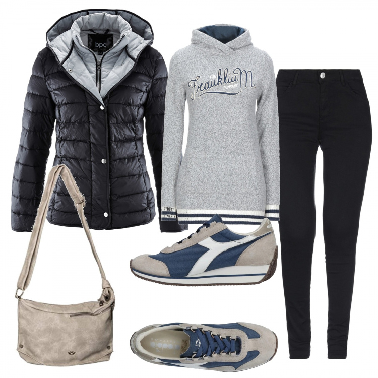 Outfit donna - Jeans + sneakers. Stile Basic per Scuola/Università. Abbinamento con piumini, pullovers, sneakers, jeans dritti, borse a tracolla.