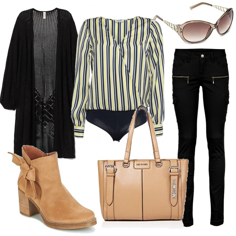 Outfit donna - Urban #33011. Stile Urban per Tutti i giorni. Abbinamento con pantaloni cargo, bluse, stivaletti, borse tote, occhiali da sole, cardigans.