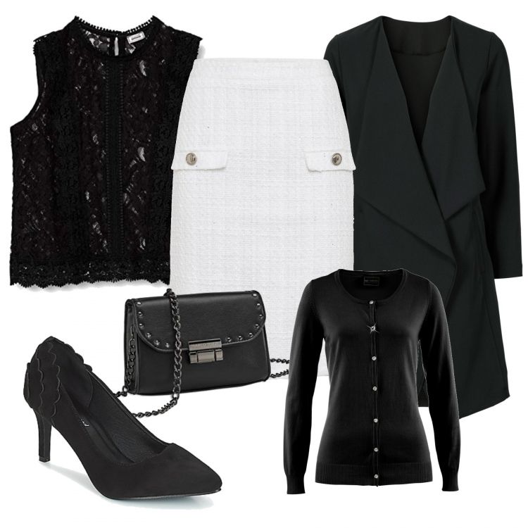 Outfit donna - Gonna bianca. Stile Trendy per Serata fuori. Abbinamento con cardigans, gonne, giacche, décolleté, camicie, borse a tracolla.
