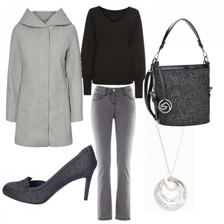 Outfit donna - Basic #46405. Stile Basic per Ufficio. Abbinamento con maglieria, jeans slim fit, ciondoli, décolleté, blazer, borse a spalla.
