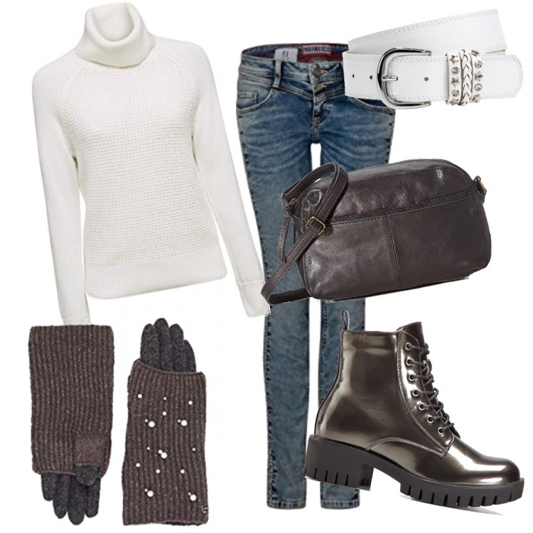 Outfit donna - Guanti glam dolcevita e anfibi. Stile Urban per Tutti i giorni. Abbinamento con cinture, stivaletti, maglioni, jeans, borse a tracolla, guanti.