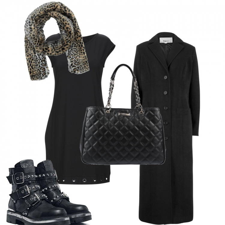 Outfit donna - Tubino cappotto e anfibi. Stile Urban per Tutti i giorni. Abbinamento con cappotti, vestiti corti, borse a mano, sciarpe, stivali.