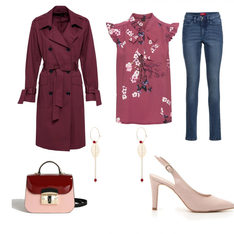 Outfit donna - Rosa e bordeaux casual chic. Stile Urban per Serata fuori. look ideale per Tall. Abbinamento con jeans slim fit, bluse, trench, orecchini, borse a mano, décolleté.