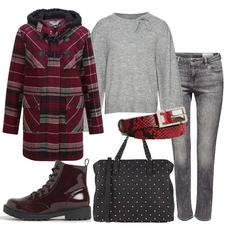 Outfit donna - Montgomery scozzese e jeans. Stile Basic per Tutti i giorni. Abbinamento con borse a mano, maglieria, montgomery, cinture, stivaletti, jeans.