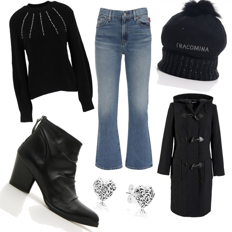 Outfit donna - Casual per le feste!. Stile Trendy per Serata fuori. Abbinamento con montgomery, pullovers, cappelli, stivaletti texani, jeans, orecchini.